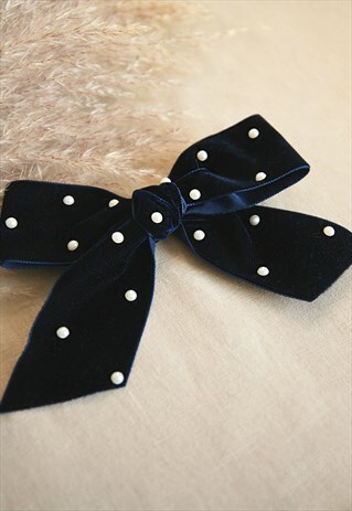 PEARL STUD VELVET LARGE HAIR CLIP BOW - NAVY