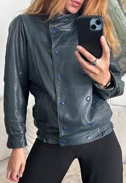 Vintage Blue Faded Leather Bomber Jacket - Small