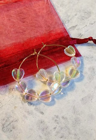 CLEAR IRIDESCENT CANDY HEART GOLDEN HOOP EARRINGS