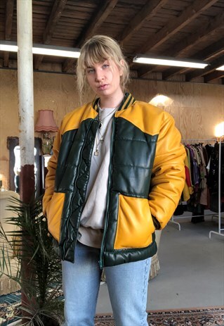 VINTAGE 80S LEATHER BASEBALL PUFFER JACKET