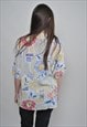 VINTAGE HIPSTER BLOUSE, MULTICOLOR PATTERN BUTTON UP SHIRT