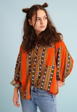 90'S RETRO FOLK PRINT OVERSIZED SHIRT TOP