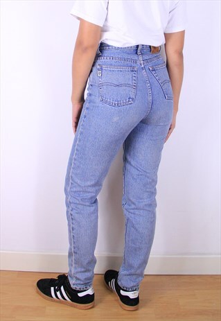 VINTAGE HIGH WAISTED JEANS MID BLUE WASH FITTED 90S STYLE