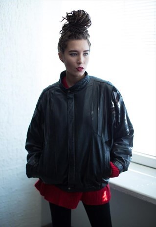 VINTAGE 80'S BLACK LEATHER BOMBER JACKET