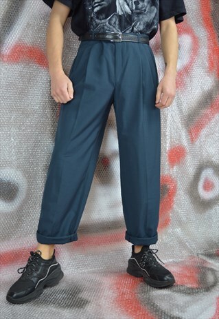 VINTAGE DARK BLUE STRAIGHT CLASSIC SUIT TROUSERS