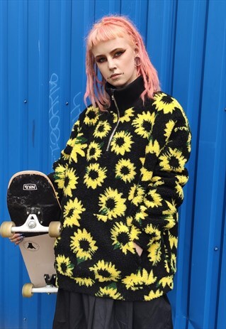 SUNFLOWER FLEECE JACKET DAISY PRINT FAKE FUR HIGH NECK TOP