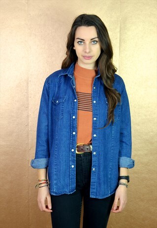 90S VINTAGE MINIMAL DARK BLUE BUFFALO GRILL DENIM SHIRT