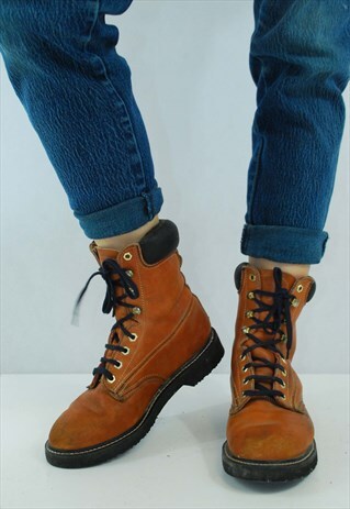 VINTAGE 90S TAN BROWN LEATHER CHUNKY BOOTS