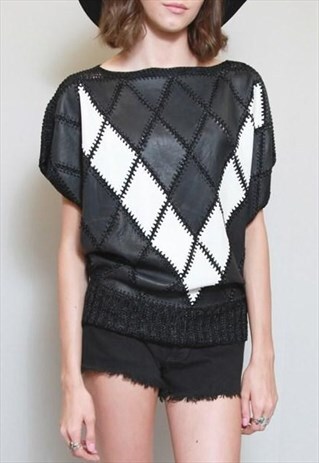 VINTAGE 1970'S BLACK & WHITE DIAMOND PATTERN LEATHER TOP
