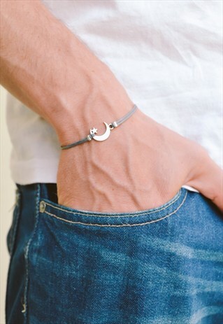 MEN'S BRACELET SILVER CRESCENT MOON CHARM GREY CORD BRACELET