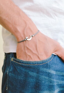 Men's bracelet silver crescent moon charm grey cord bracelet