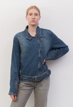 Vintage 90's Women's XL Jacket Blazer Denim Belted Zipper