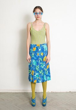 Vintage 90s Floral Midi Skirt Blue