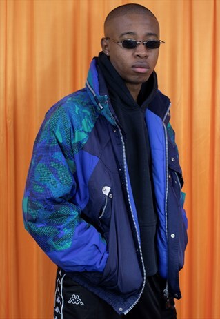 VINTAGE 90S SKI JACKET BLUE GREEN ABSTRACT PUFFER COAT