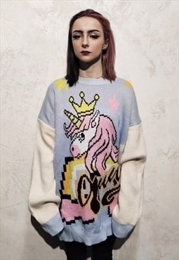 Unicorn sweater rainbow horse jumper y2k top pastel blue