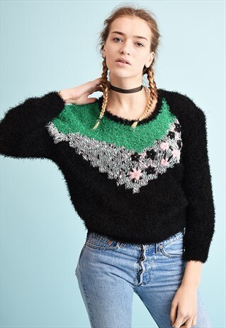 80'S RETRO FLUFFY FLORAL EMBROIDERED MOMS KNIT JUMPER