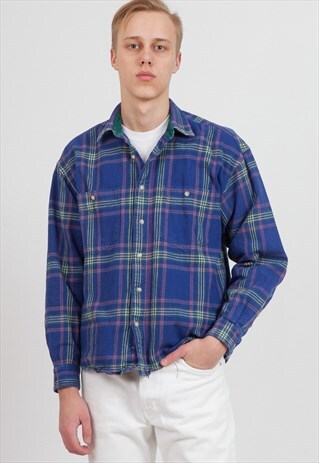 VINTAGE BLUE LONG SLEEVE CHECKERED FLANNEL SHIRT