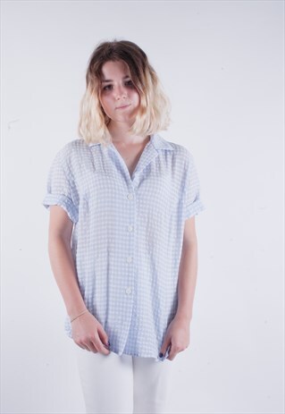 VINTAGE BOXY SEER SUCKER LIGHT BLUE CHECK BUTTON DOWN BLOUSE