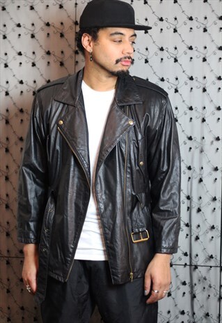 VINTAGE 80S BELTED UNISEX LEATHER JACKET