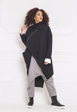 Asymmetrical woolen blend coat with zipper: /DAPHIA/