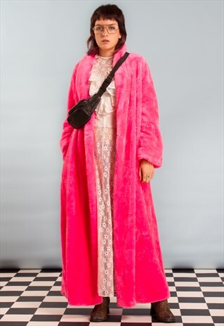 90S 00S VINTAGE UNISEX LONG FAUX FUR COAT IN NEON PINK