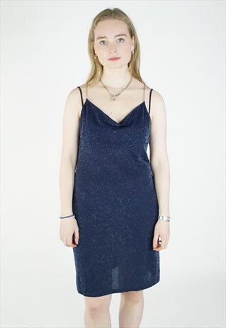 VINTAGE 90S BLUE SPARKLY CHAIN COWL NECK DRESS