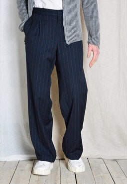 Vintage 90s Navy Blue Striped Pleated Mens Pants