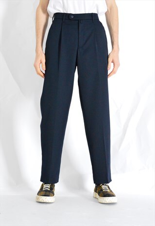 VINTAGE 90S NAVY BLUE WOOL BLEND PLEATED PANTS