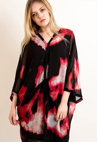 OVERSIZED BUTTON UP DRESS IN RED AND BLACK WATERCOLOUR PRINT