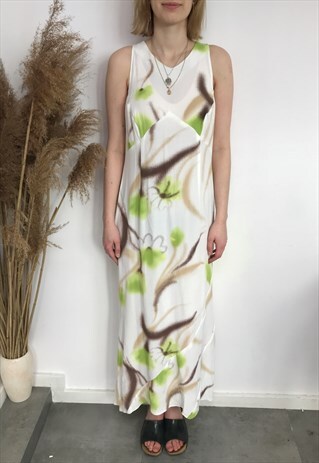 LOVELY VINTAGE WHITE GREEN BROWN SUMMER MAXI DRESS