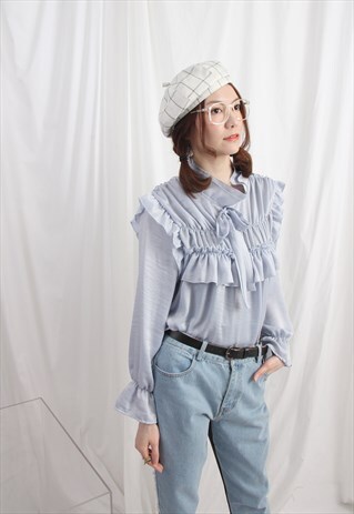(KOREAN) SILKY RUFFLE DETAIL AND BOW FRONT BLOUSE