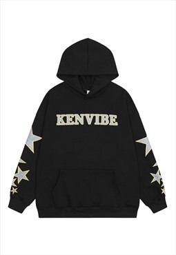 Ken slogan hoodie star patchwork pullover applique top black