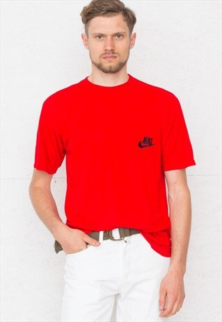 90S VINTAGE RED NIKE CREW NECK LOGO T-SHIRT