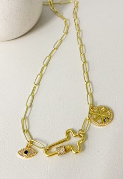 Gold Plated Cross Bolt Link and Lucky Charms Necklace