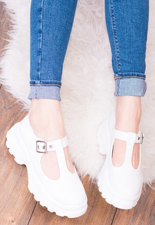 MARY JANE CHUNKY TRAINERS SHOES IN WHITE LEATHER STYLE- ROMA