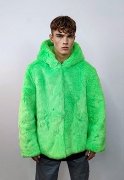 Hooded neon faux fur jacket shaggy coat bright raver bomber 