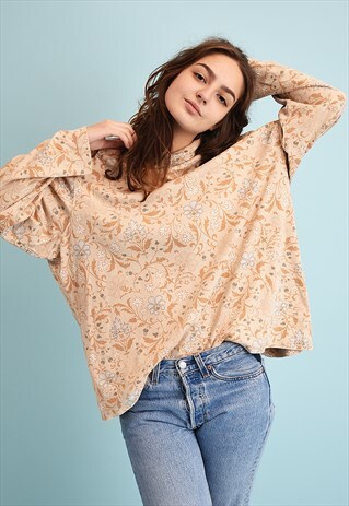 90'S RETRO Y2K OVERSIZED FLORAL PRINT ROLLNECK TEEN TOP