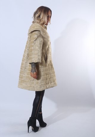 FAUX FUR SWING COAT JACKET SHORT VINTAGE UK 12 (B9BN)