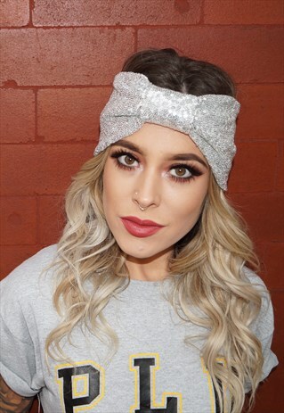 FESTIVAL SEQUINED GLITTER SLIVER STRETCH TURBAN HEADBAND