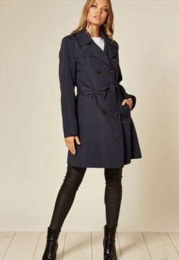 Navy Blue Military Belted Trench Coat