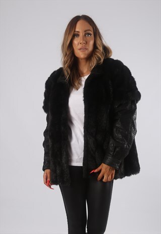 VINTAGE FAUX FUR COAT JACKET LEATHER UK 14 SHORT MID (HBD)