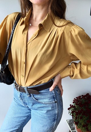 VINTAGE 70S LIGHT MUSTARD LUXE BOHEME BLOUSE SHIRT TOP