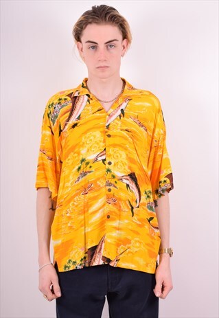 MENS VINTAGE HAWAIIAN SHIRT MEDIUM YELLOW 90S
