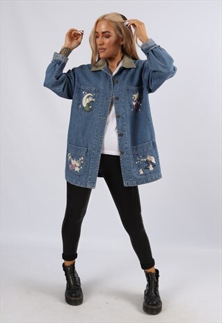 VINTAGE Y2K EMBROIDERED DENIM JACKET LONGLINE 10 12 M (5AV)
