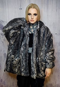 Faux fur python jacket handmade snake fleece bomber in grey