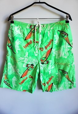 Vintage 90s Cotton Beach Shorts Swimwear Bright Green