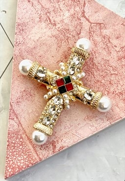90s Cross Brooch Gold Statement Glam Party Bling 