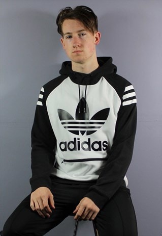 Vintage Adidas Hoodie in White with Printed Logo and Zip Poc ...