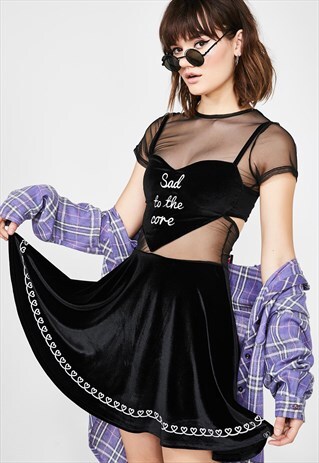 'MARINA' EMBROIDERY SLOGAN HEART VELVET & MESH 2-IN-1 DRESS