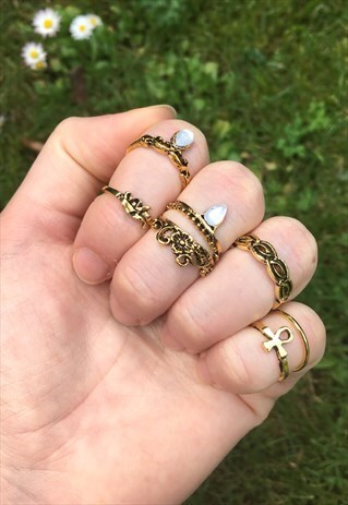 WOMENS BOHO FESTIVAL ELEPHANT GOLD COLOUR SET OF RINGS